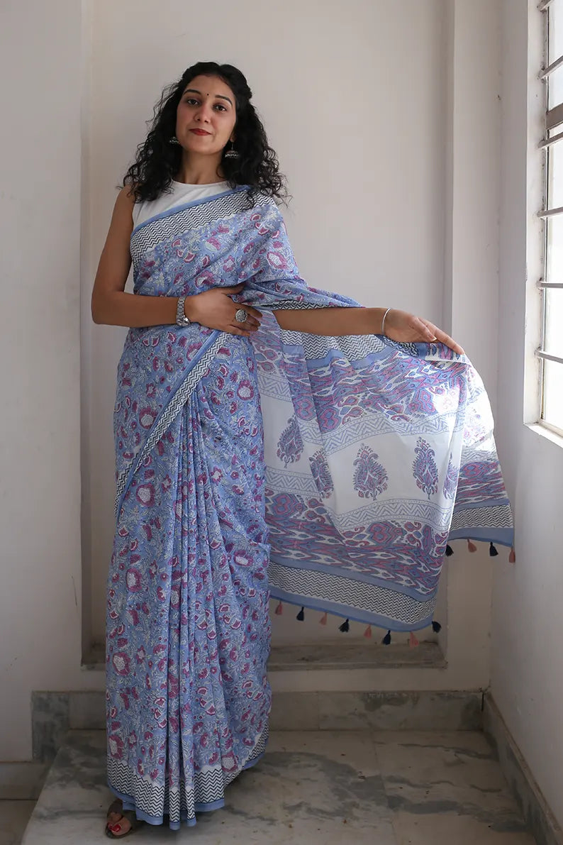 Whimsical Blue - Hand Block Print Mulmul Cotton Bagru Saree