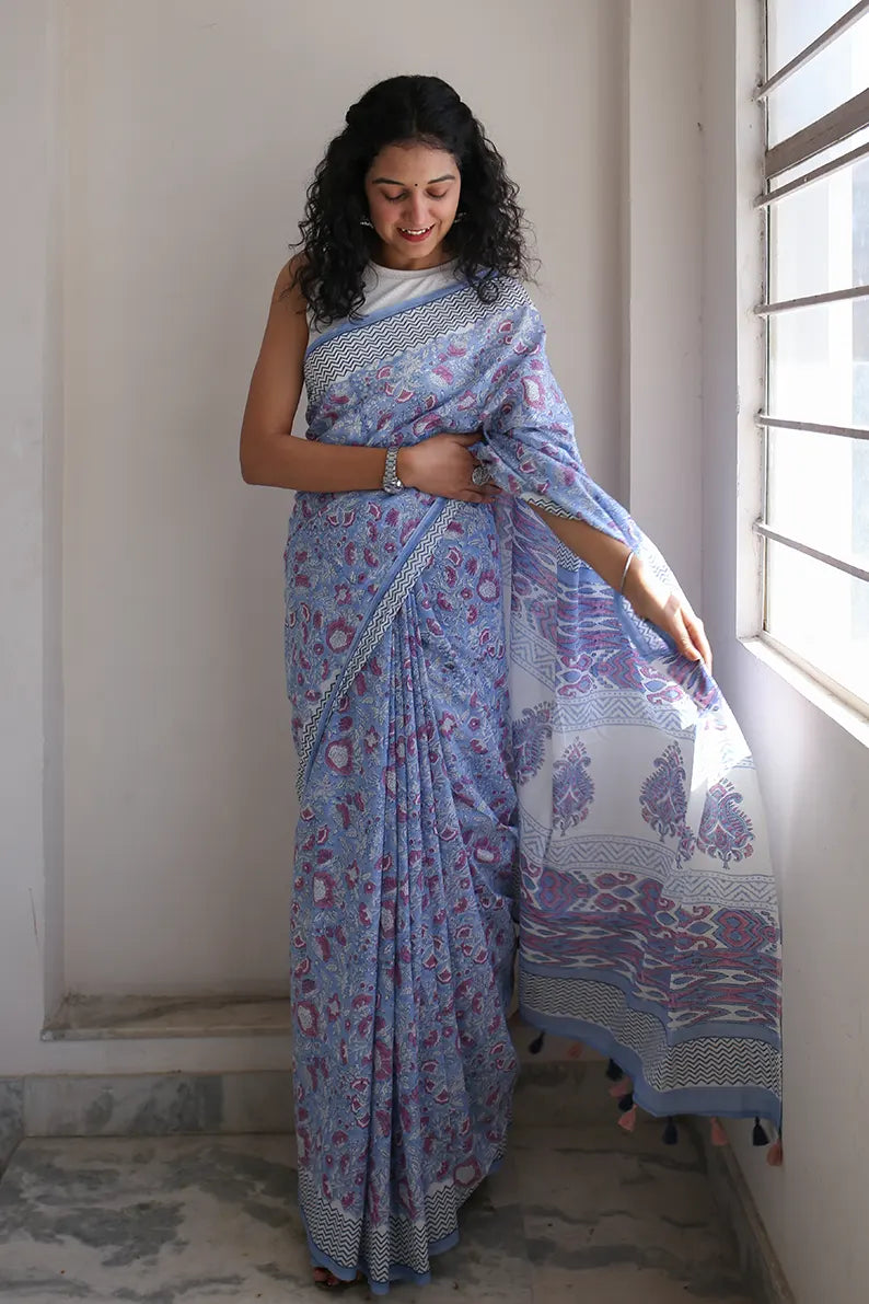 Whimsical Blue - Hand Block Print Mulmul Cotton Bagru Saree