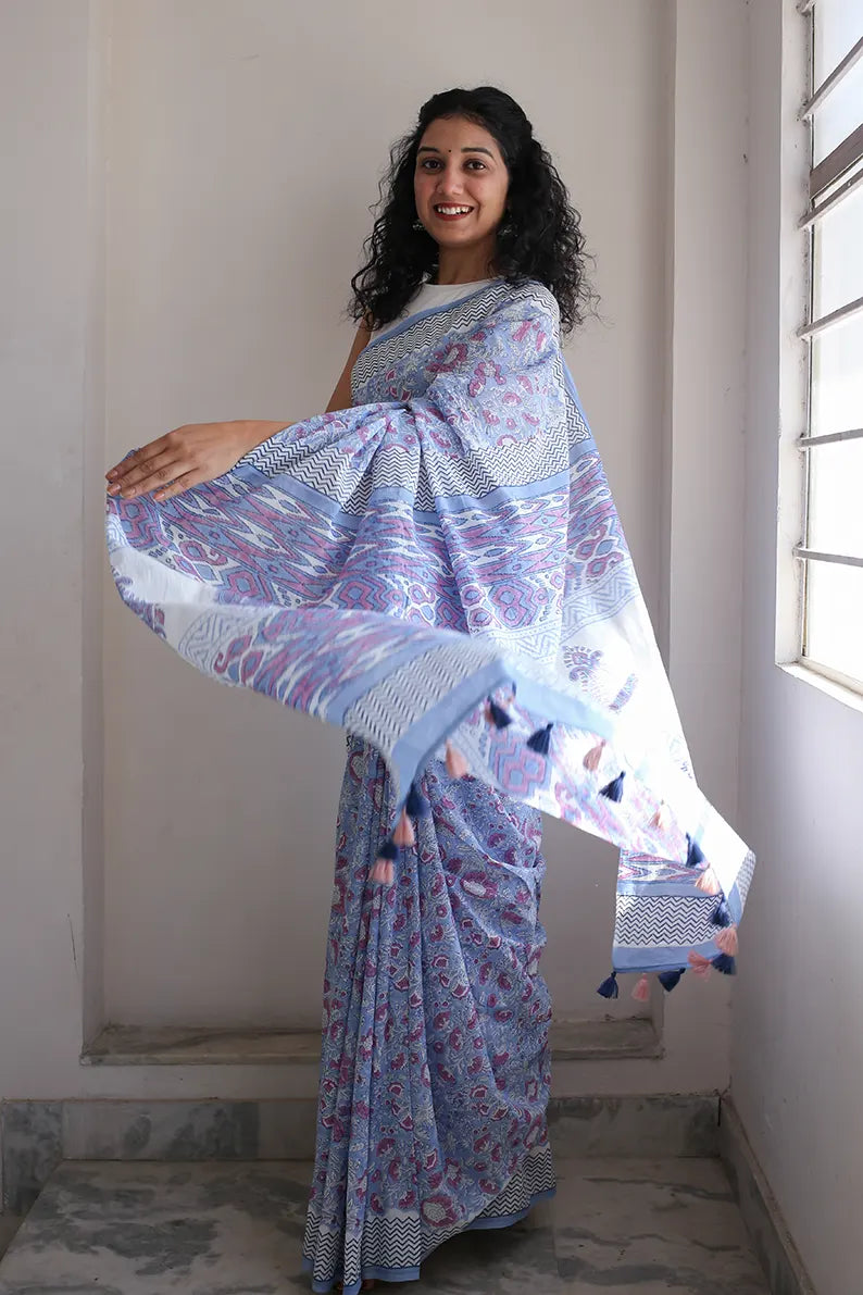 Whimsical Blue - Hand Block Print Mulmul Cotton Bagru Saree