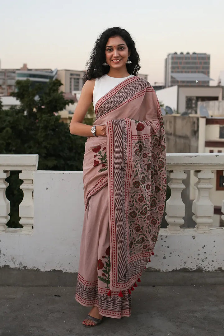 Old Rose - Hand Block Printed Mulmul Cotton Bagru Saree