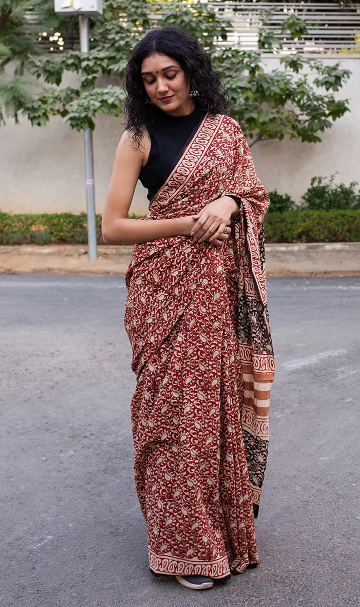 Paisley Crush - Hand Block Print Mulmul Cotton Bagru Saree