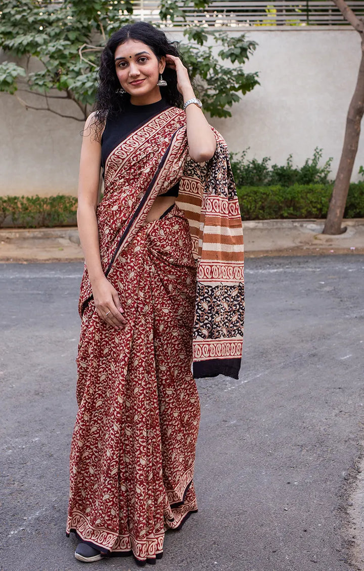 Paisley Crush - Hand Block Print Mulmul Cotton Bagru Saree