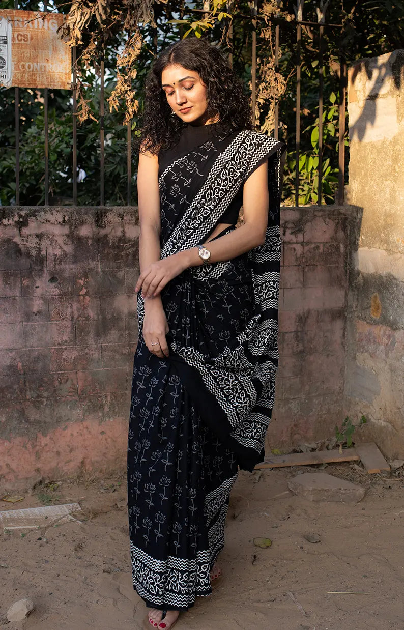 Lotus Black - Hand Block Print Mulmul Cotton Bagru Saree