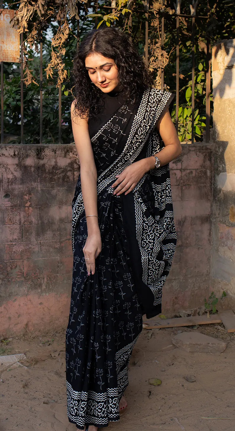 Lotus Black - Hand Block Print Mulmul Cotton Bagru Saree