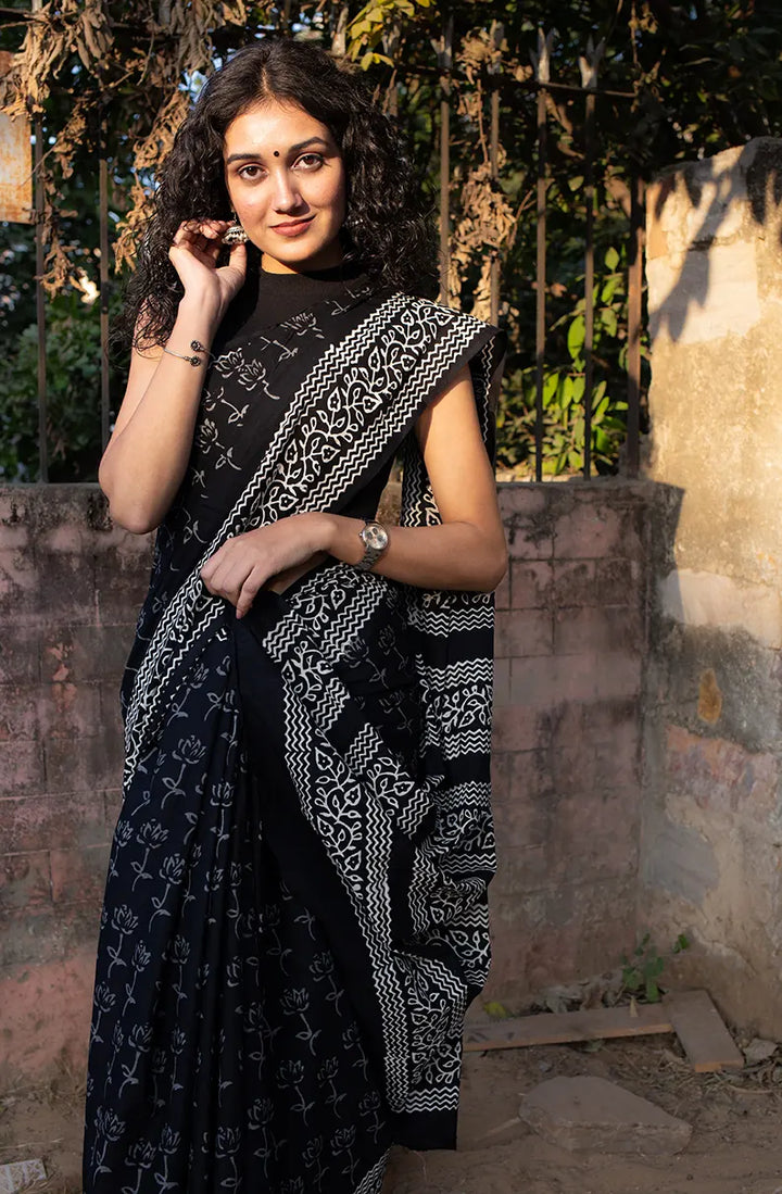 Lotus Black - Hand Block Print Mulmul Cotton Bagru Saree