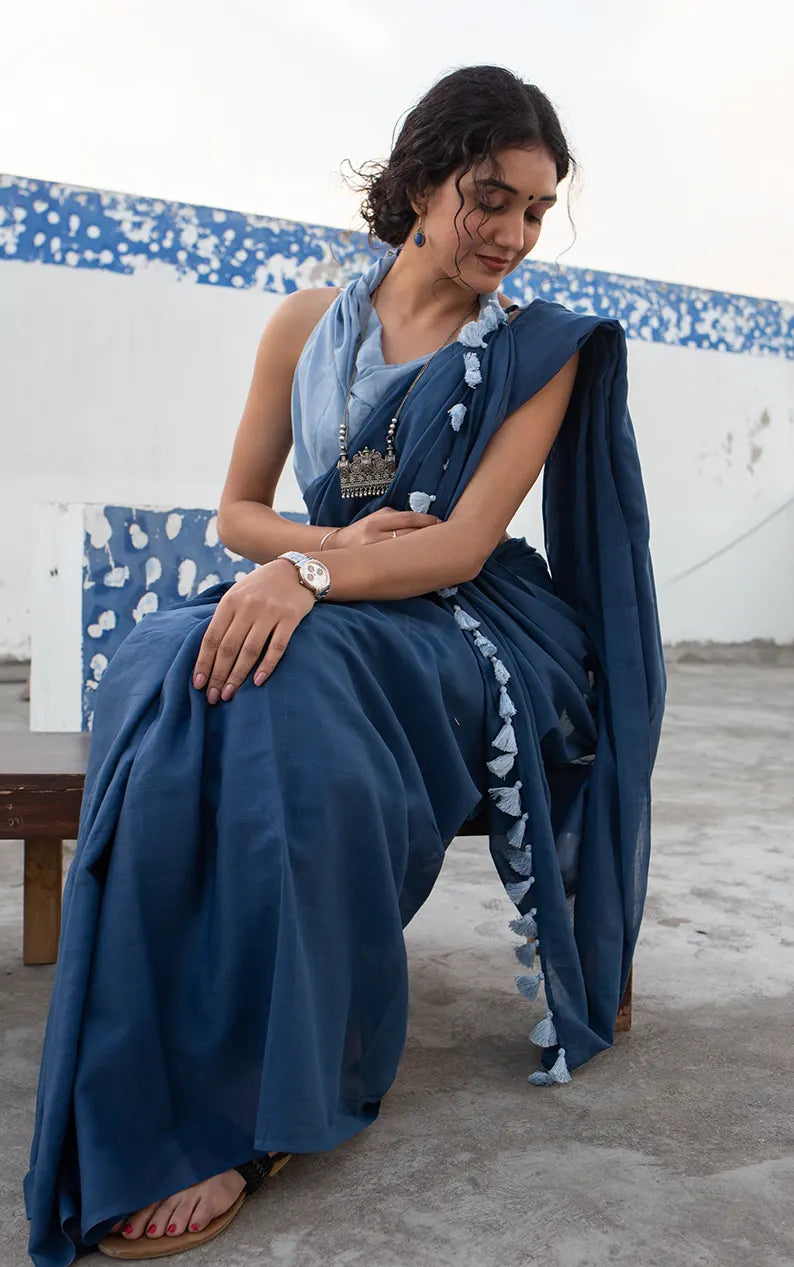 Midnight Dreams - Mulmul Cotton Saree with Tassels