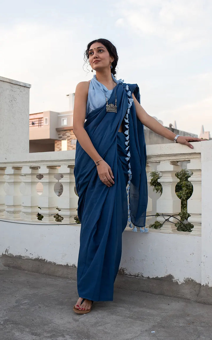 Midnight Dreams - Mulmul Cotton Saree with Tassels