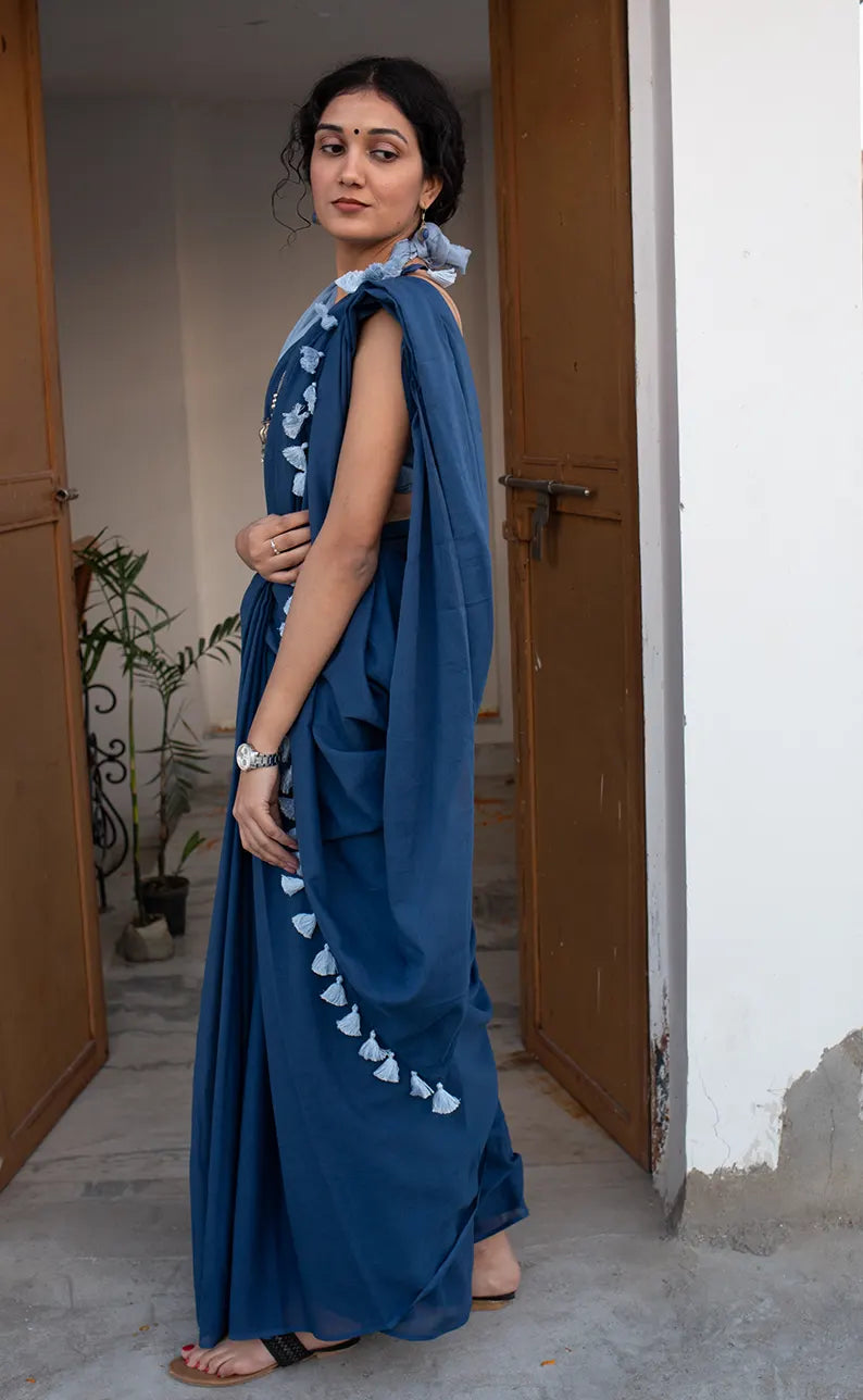 Midnight Dreams - Mulmul Cotton Saree with Tassels