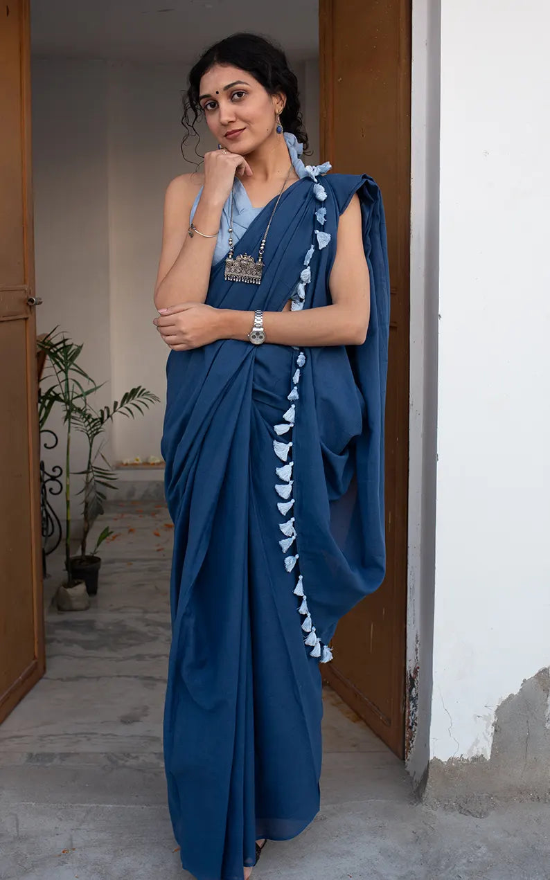 Midnight Dreams - Mulmul Cotton Saree with Tassels