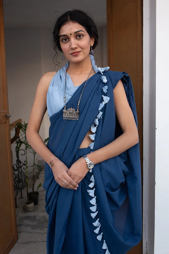 Midnight Dreams - Mulmul Cotton Saree with Tassels