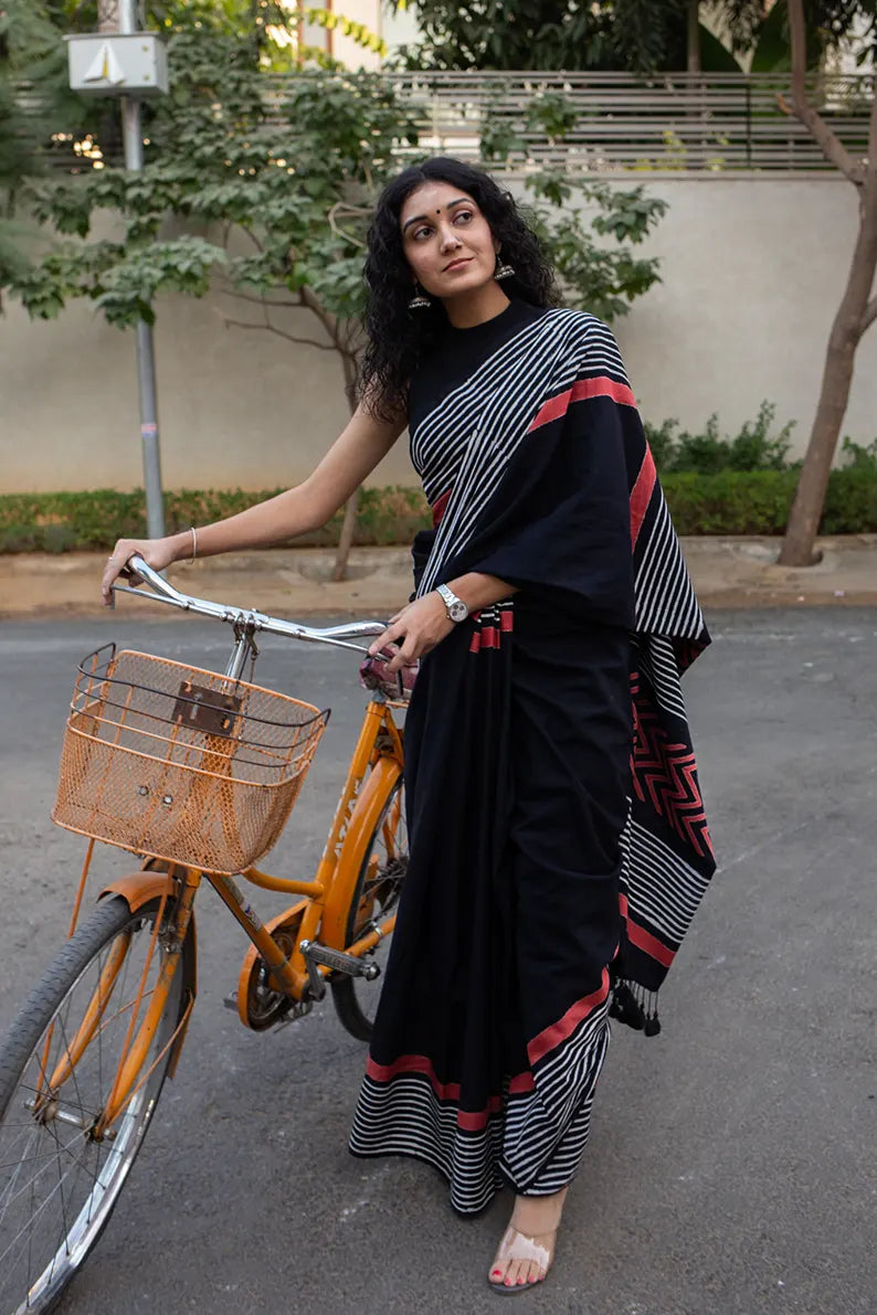 Lady in Black - Hand Block Print Mulmul Cotton Bagru Saree