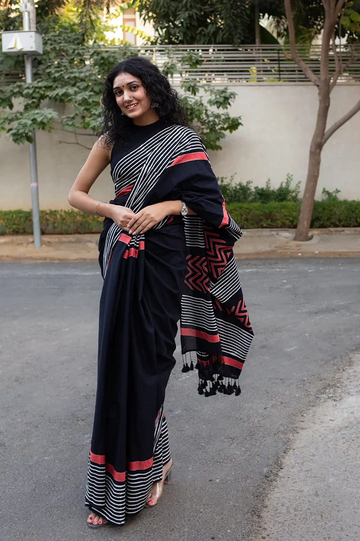 Lady in Black - Hand Block Print Mulmul Cotton Bagru Saree