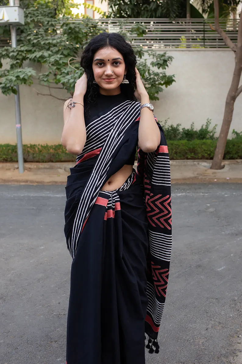 Lady in Black - Hand Block Print Mulmul Cotton Bagru Saree