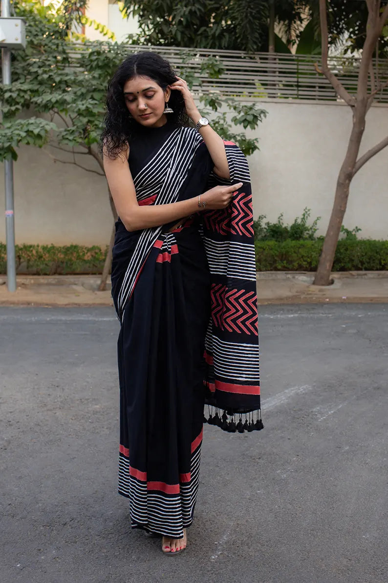 Lady in Black Bagru Hand Block Print Saree Made of Mulmul Cotton Moora