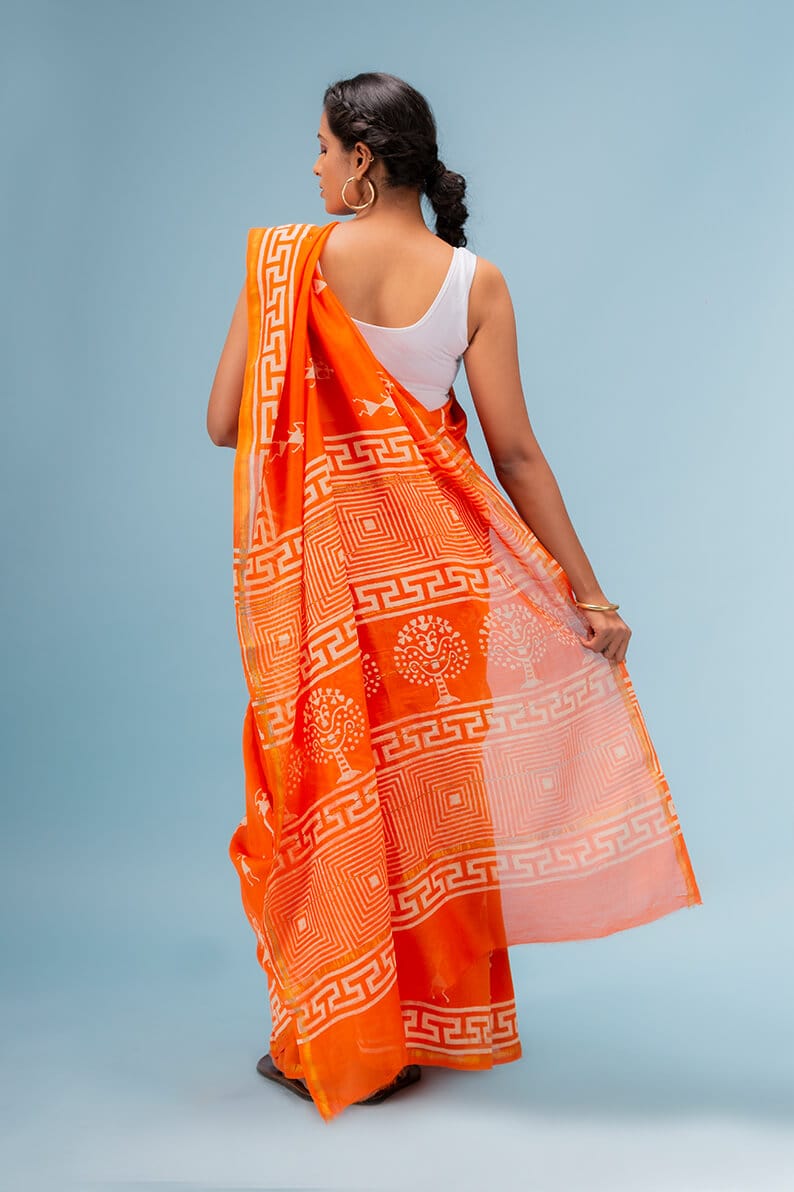 Moora Saree | Orange | Hand Block Printed | Chanderi Cotton Silk - Moora