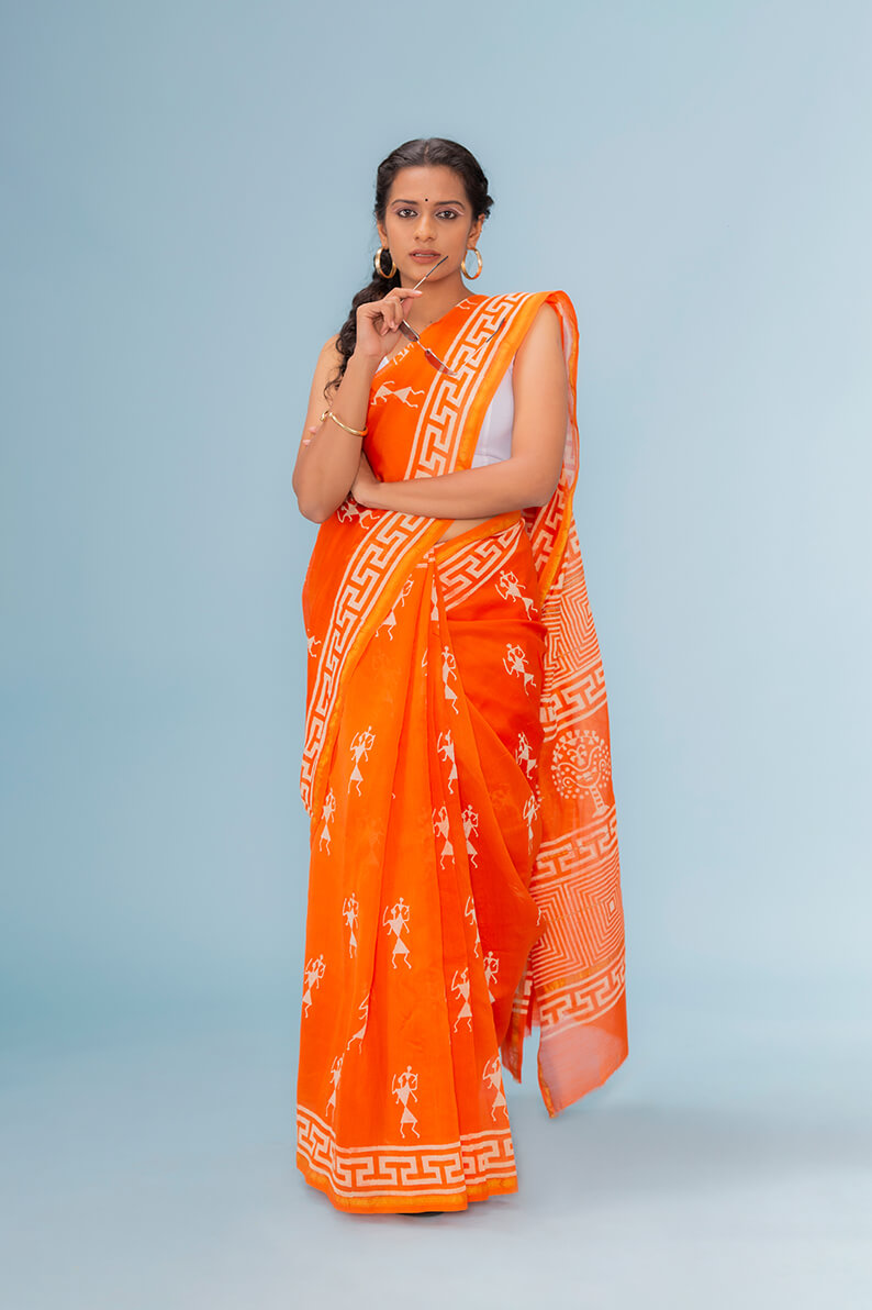 Moora Saree | Orange | Hand Block Printed | Chanderi Cotton Silk - Moora