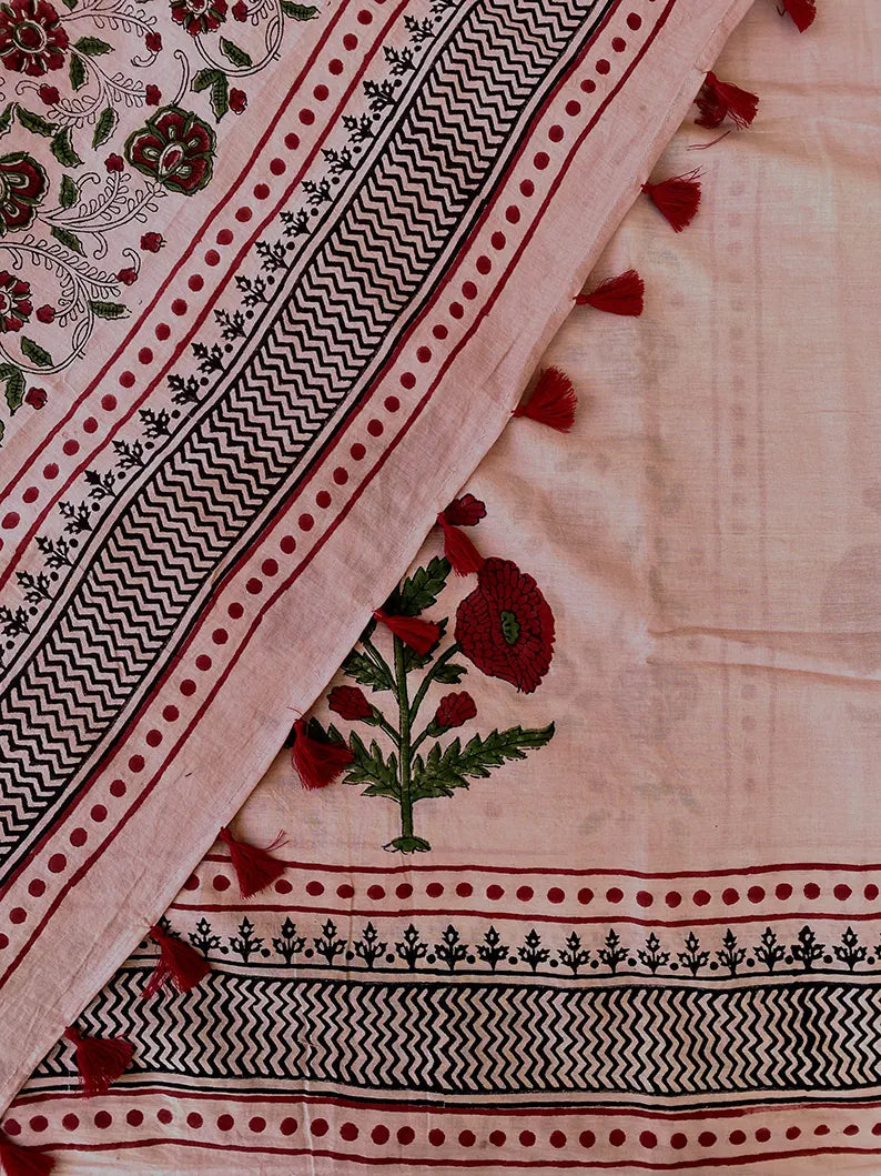 Old Rose - Hand Block Printed Mulmul Cotton Bagru Saree