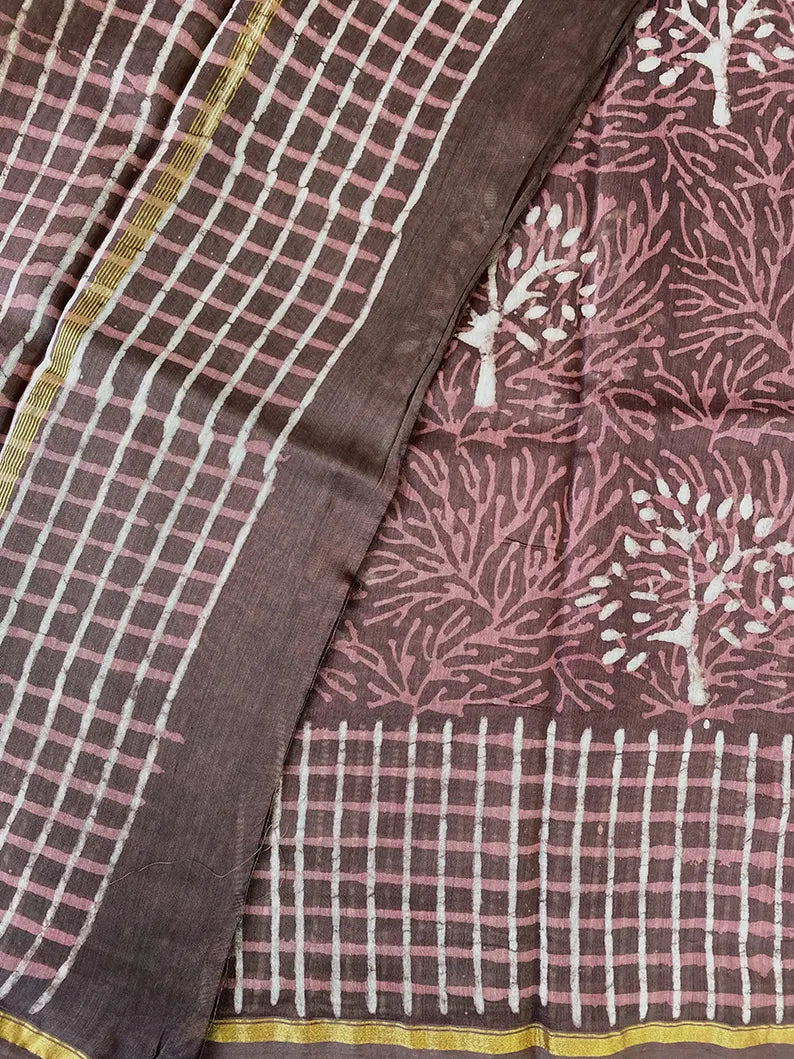 Revathy - Rose Taupe Hand Block Print Chanderi Silk Saree