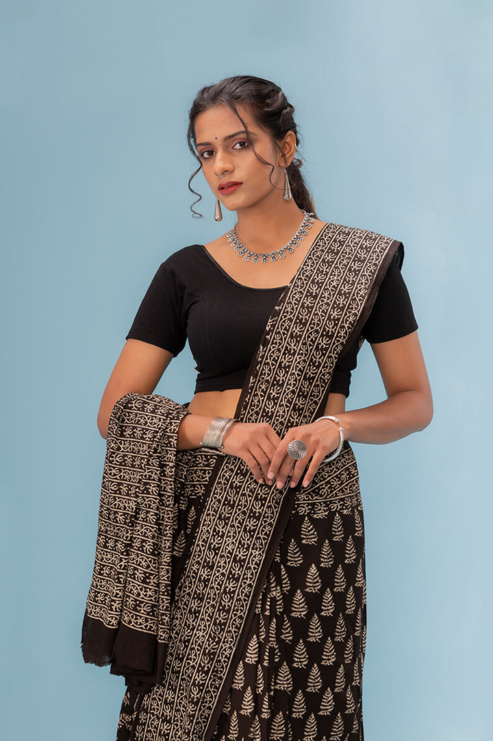 Moora Saree | Black | Hand Block Printed Natural Dyed | Mulmul Cotton | Roheen - Moora