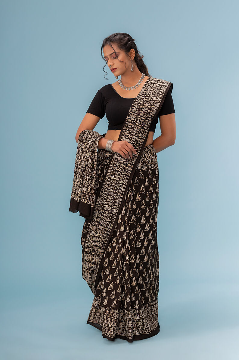 Moora Saree | Black | Hand Block Printed Natural Dyed | Mulmul Cotton | Roheen - Moora