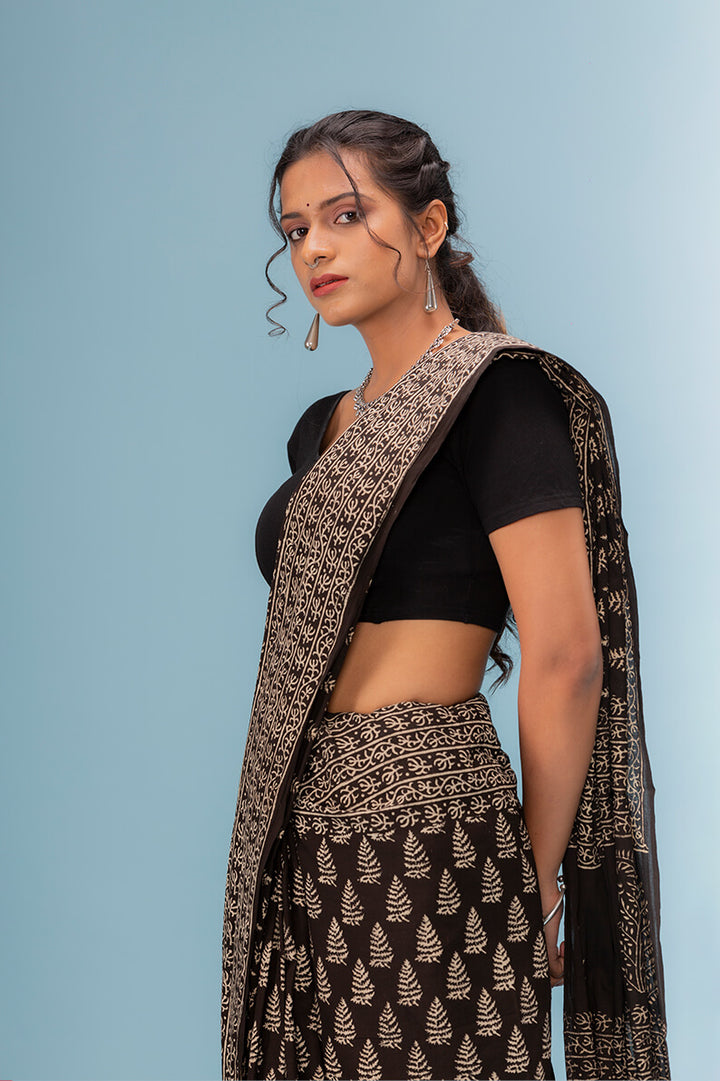 Moora Saree | Black | Hand Block Printed Natural Dyed | Mulmul Cotton | Roheen - Moora