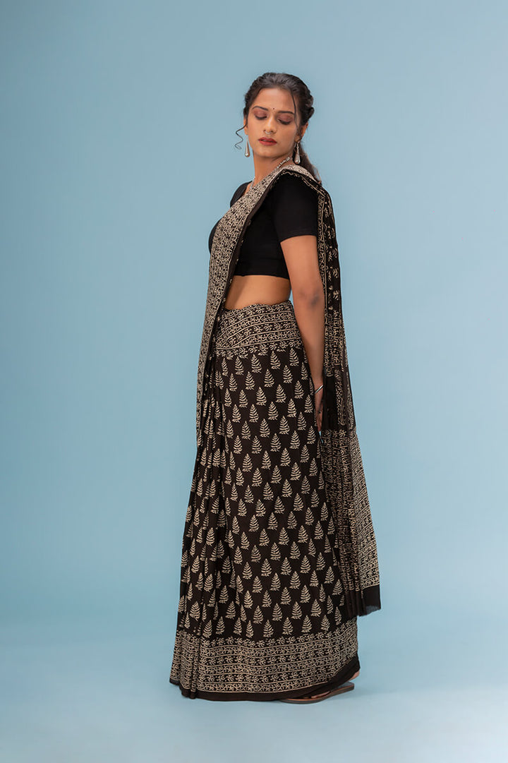 Moora Saree | Black | Hand Block Printed Natural Dyed | Mulmul Cotton | Roheen - Moora