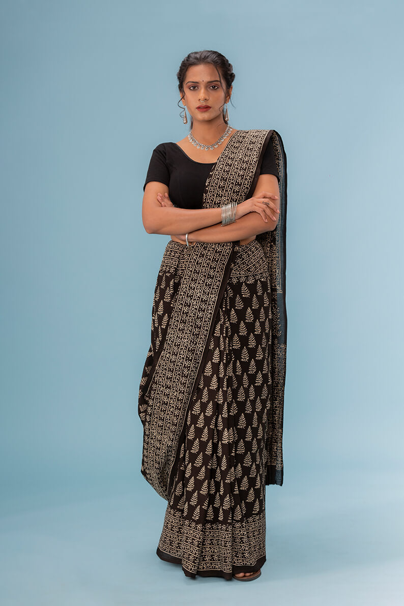 Moora Saree | Black | Hand Block Printed Natural Dyed | Mulmul Cotton | Roheen