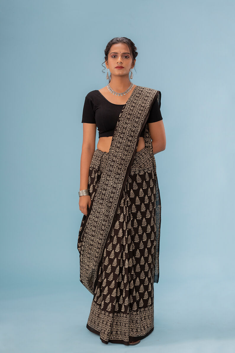 Moora Saree | Black | Hand Block Printed Natural Dyed | Mulmul Cotton | Roheen - Moora