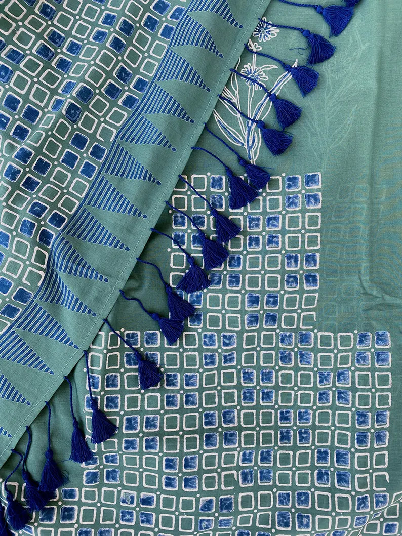 Sea Green - Hand Block Print Mulmul Cotton Bagru Saree