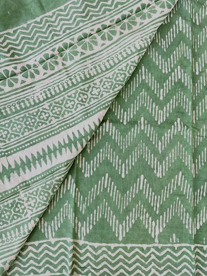 Strangers in Bangalore - Light Green Dabu Block Print Mulmul Cotton Saree