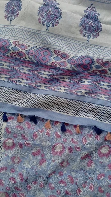 Whimsical Blue - Hand Block Print Mulmul Cotton Bagru Saree