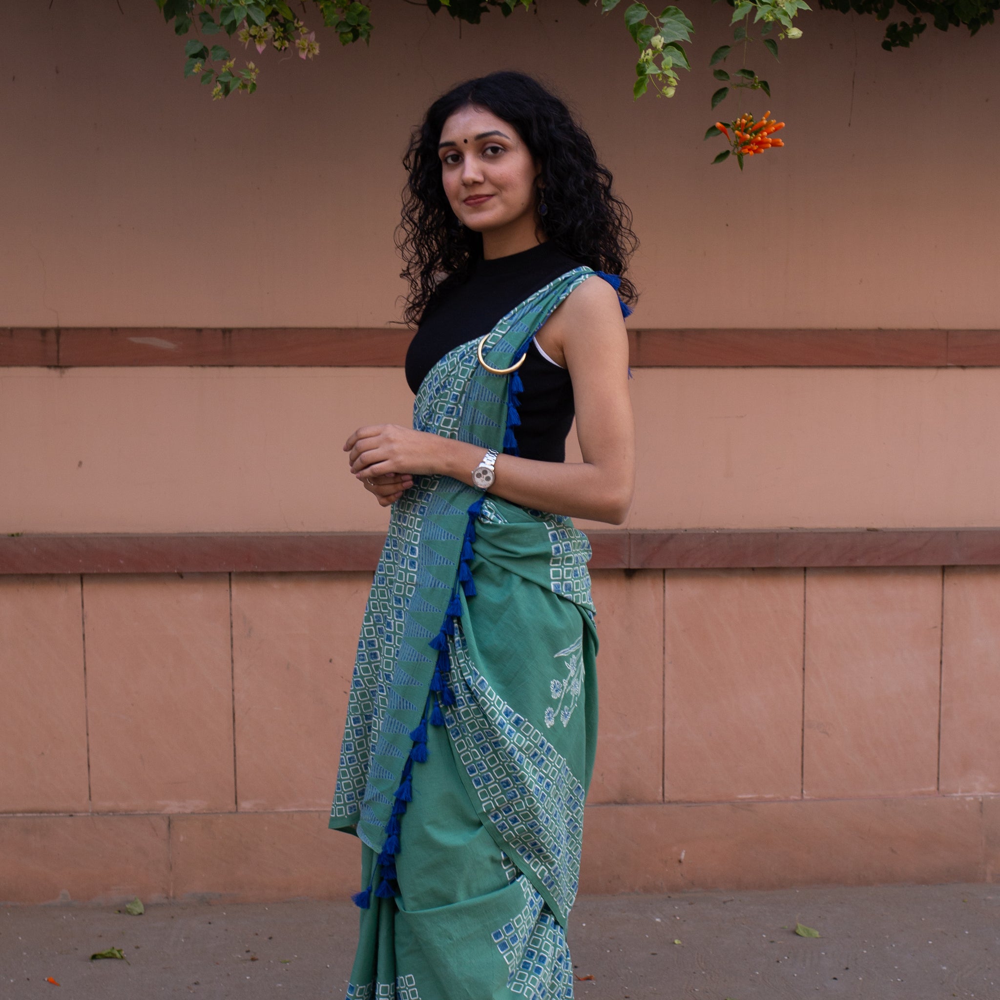 Sea Green - Hand Block Print Mulmul Cotton Bagru Saree