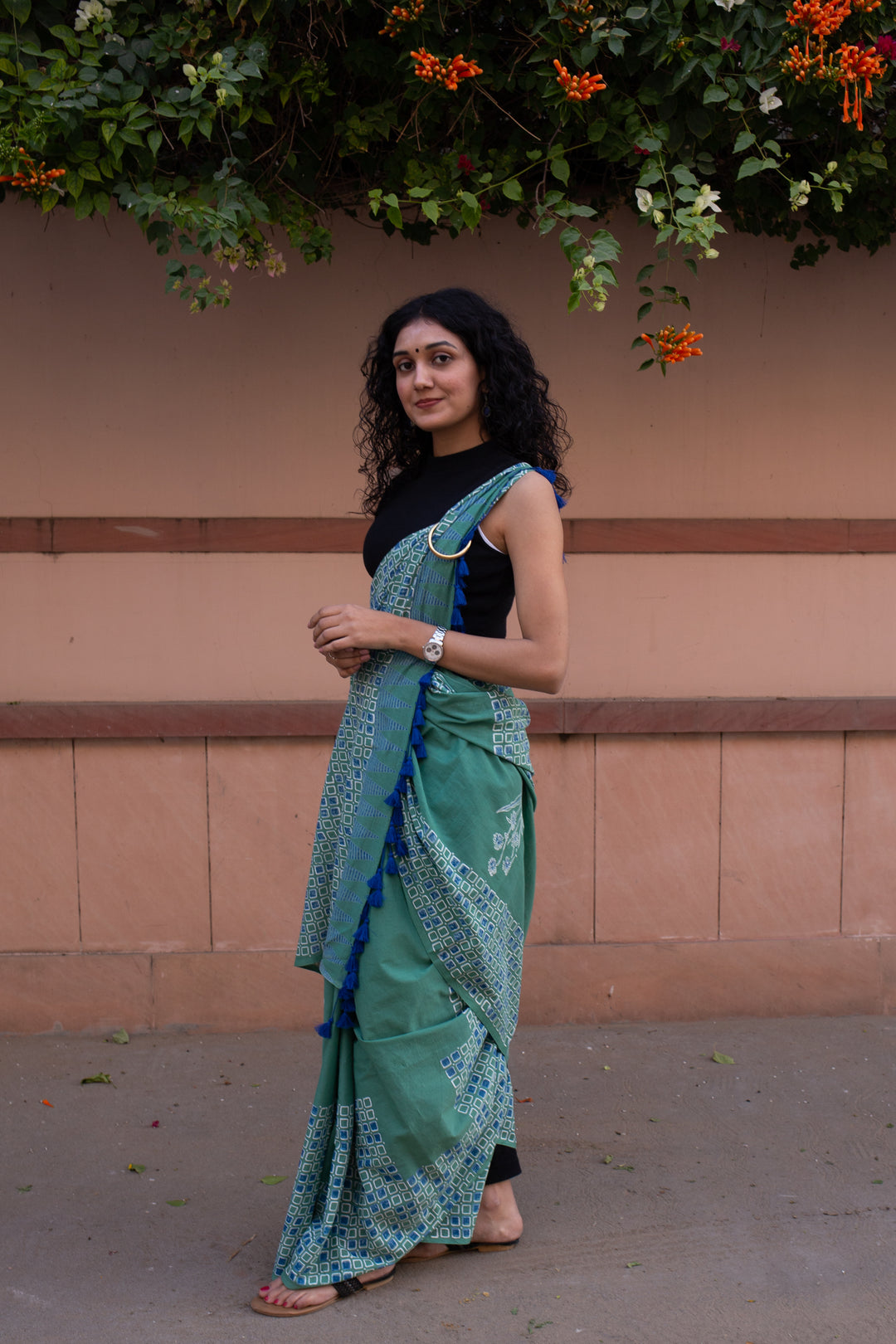 Sea Green - Hand Block Print Mulmul Cotton Bagru Saree