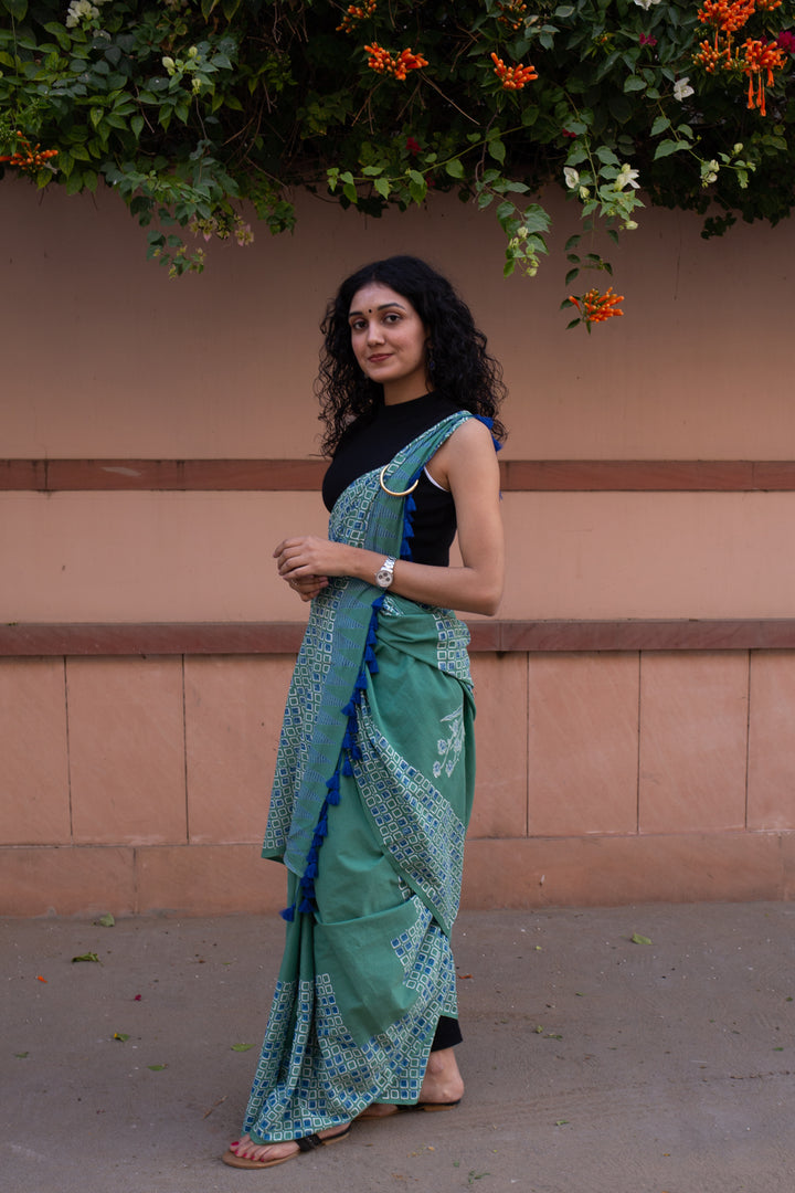 Sea Green - Hand Block Print Mulmul Cotton Bagru Saree