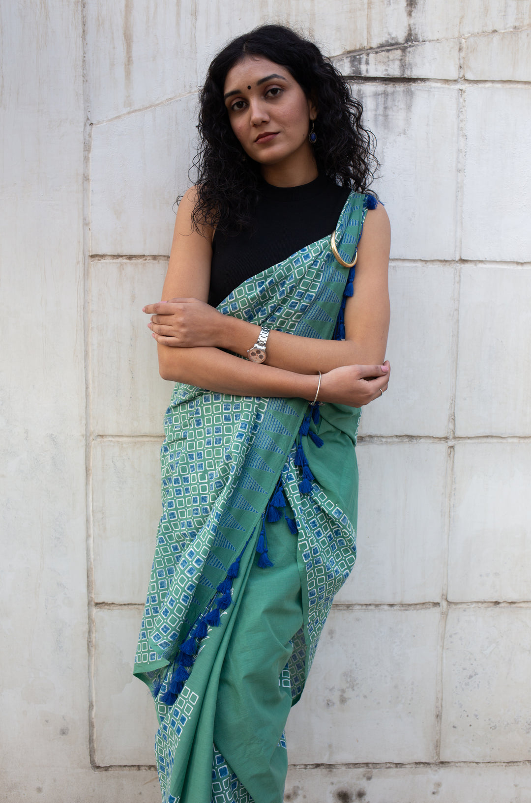 Sea Green - Hand Block Print Mulmul Cotton Bagru Saree