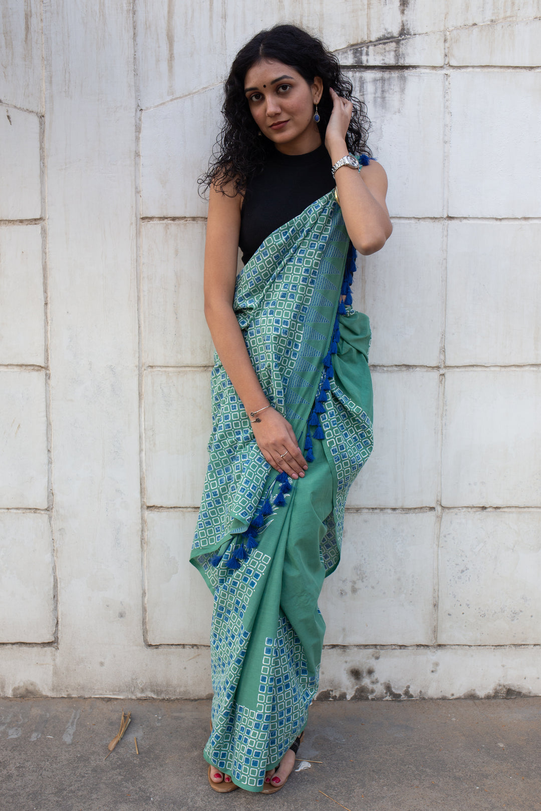 Sea Green - Hand Block Print Mulmul Cotton Bagru Saree