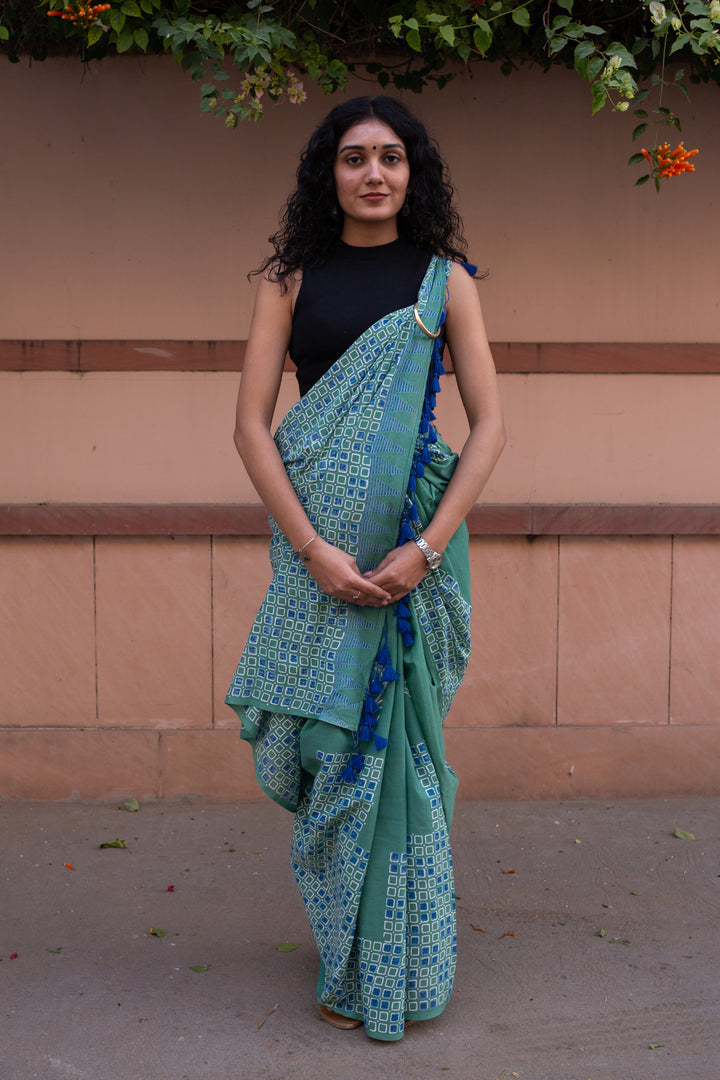 Sea Green - Hand Block Print Mulmul Cotton Bagru Saree